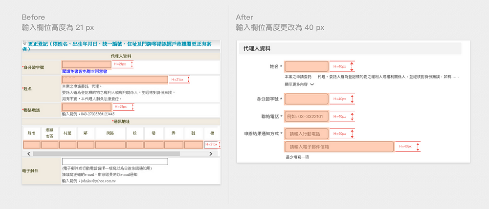 為了能夠讓使用者容易操作,欄位寬度由過去 21px 改為建議使用高度 40 px