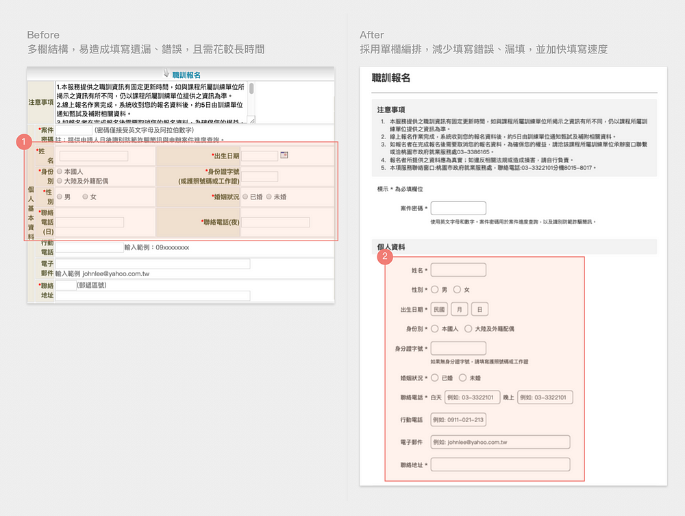 相較於 雙欄式① 結構,單欄式② 的設計在填寫時能避免不必要的混淆及錯誤