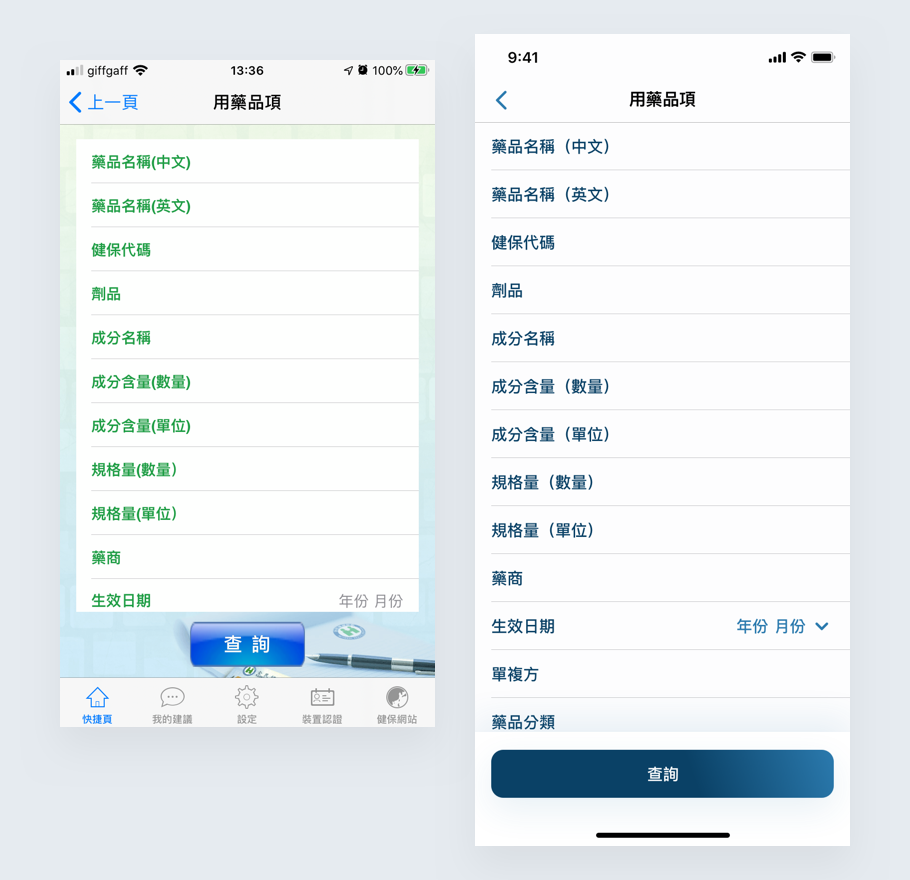 用藥品項現行頁面(左)／再設計(右)