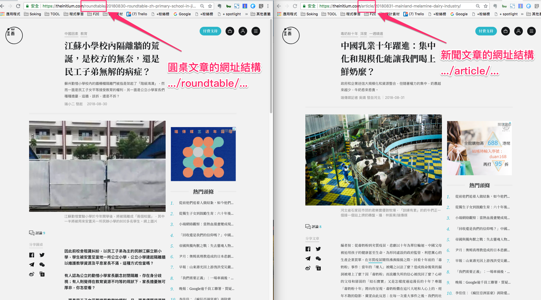 同樣的文章版型，但網址結構不同