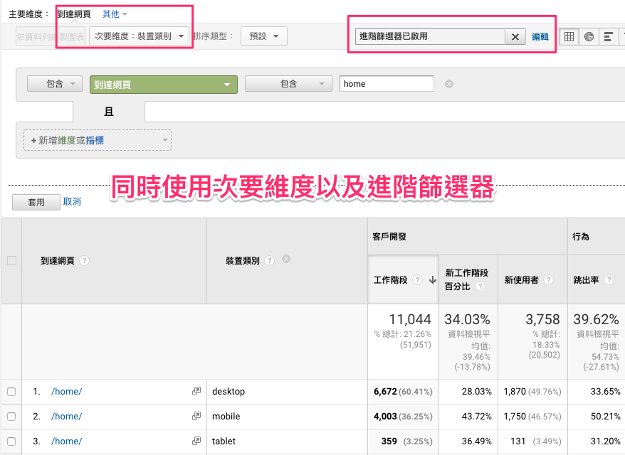 同時使用次要維度以及進階篩選器