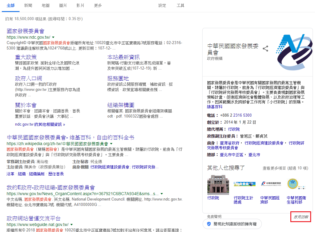 1. 點選Google知識面板「意見回饋」按鈕（如下圖範例紅色方框所在位置）。