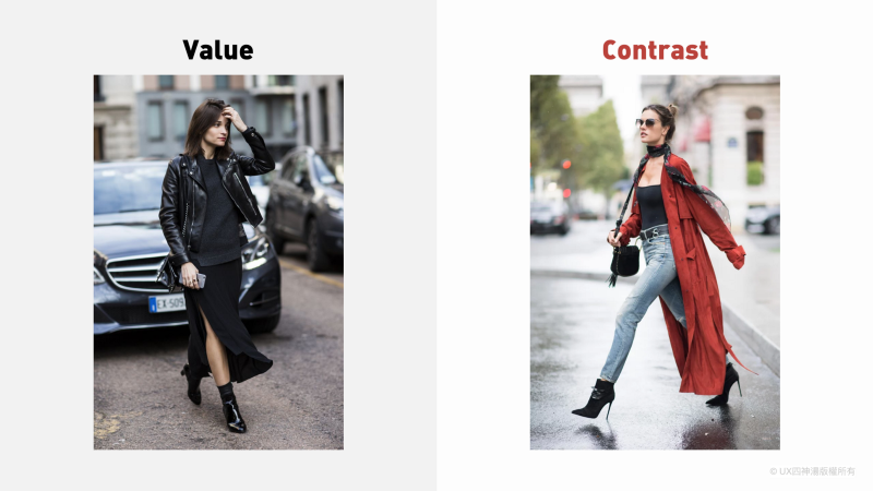 圖4. 與穿搭相同的道理，質地(Value)和對比(Contrast)會產生視覺焦點